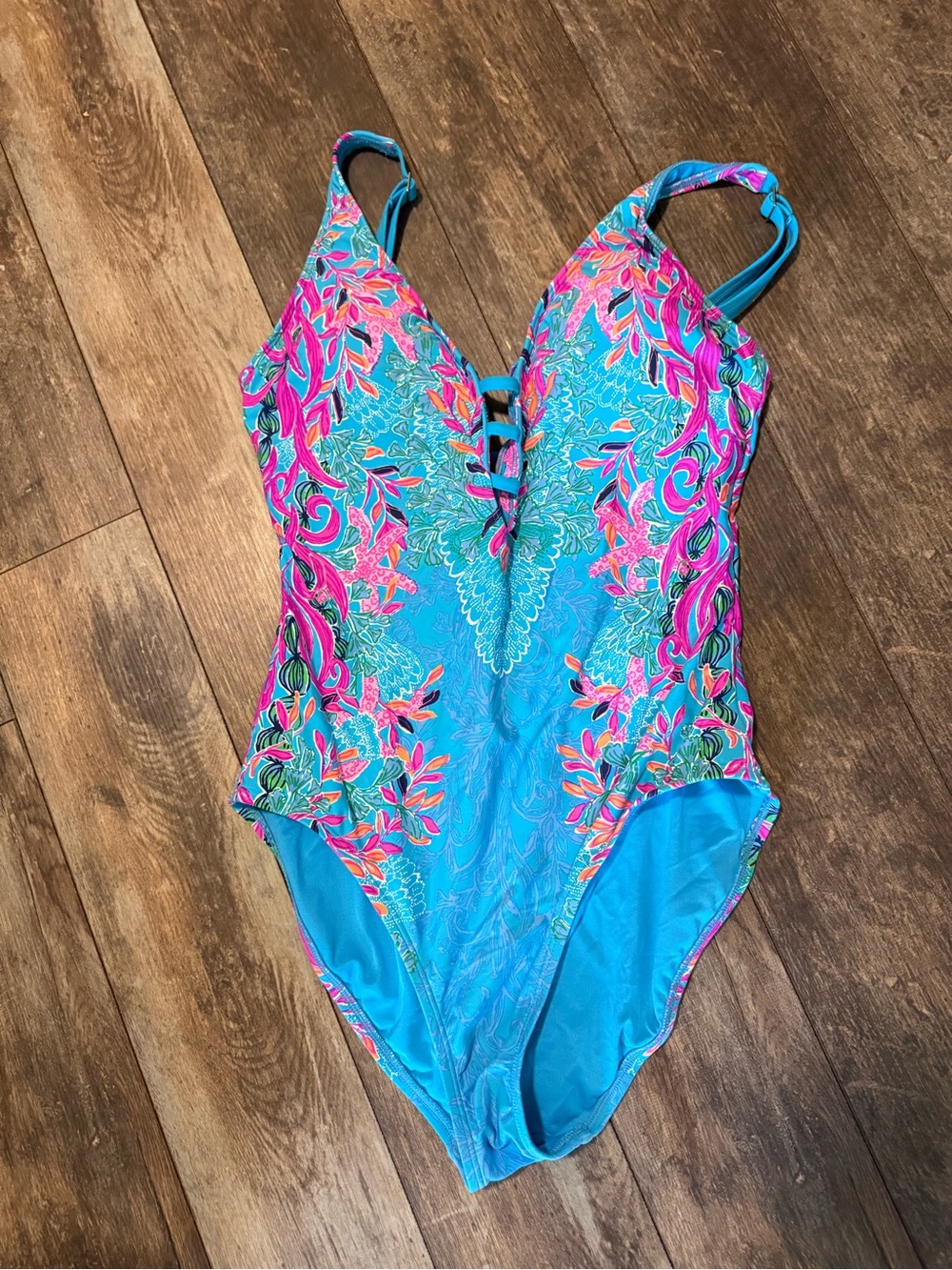 Women’s Lilly PulitzerBright Turquoise One-Piece Swimsuit with Pink Floral Print